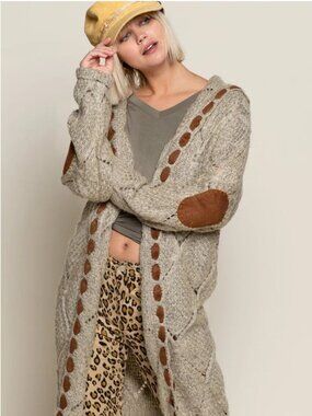 Camisa Women's Cozy Beige Open-Front Hooded Long Cardigan Sweater - M